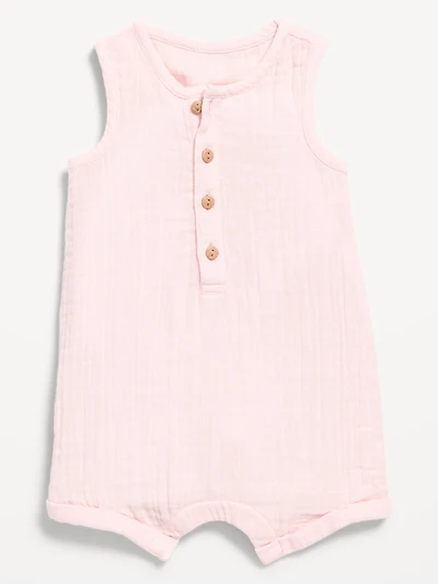 Sleeveless Double-Weave Henley One-Piece Romper for Baby