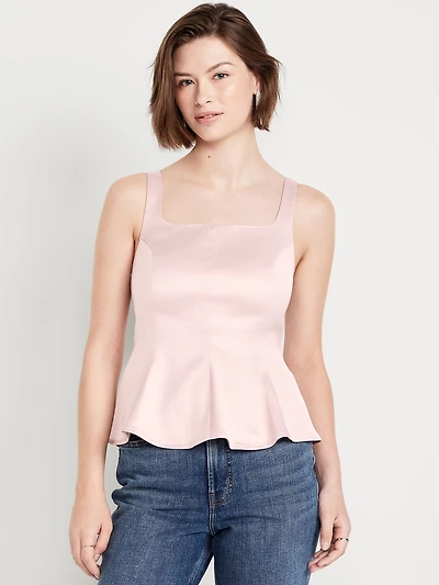 Square-Neck Satin Peplum Top