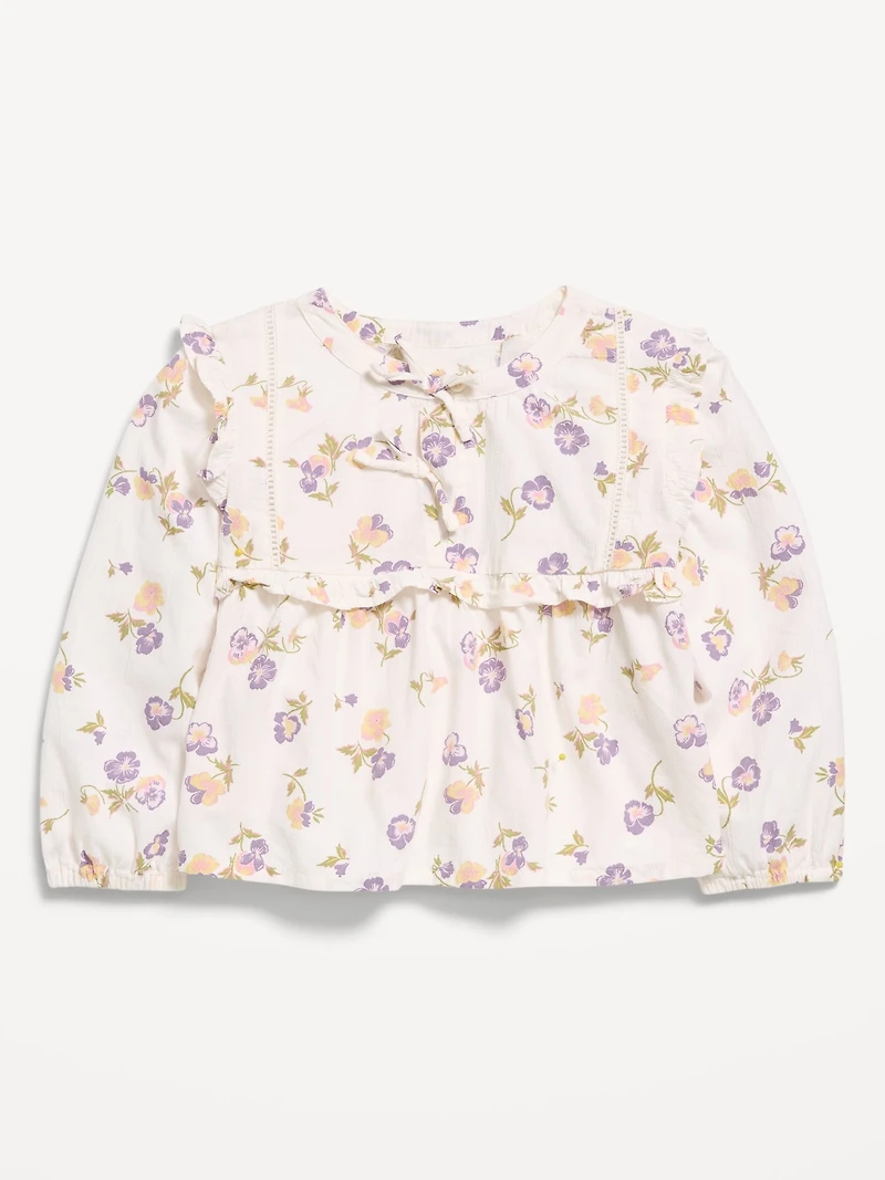 Long-Sleeve Crinkle Lace-Trim Top for Toddler Girls