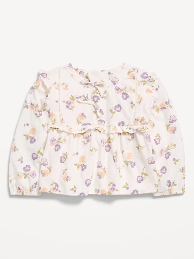Long-Sleeve Crinkle Lace-Trim Top for Toddler Girls