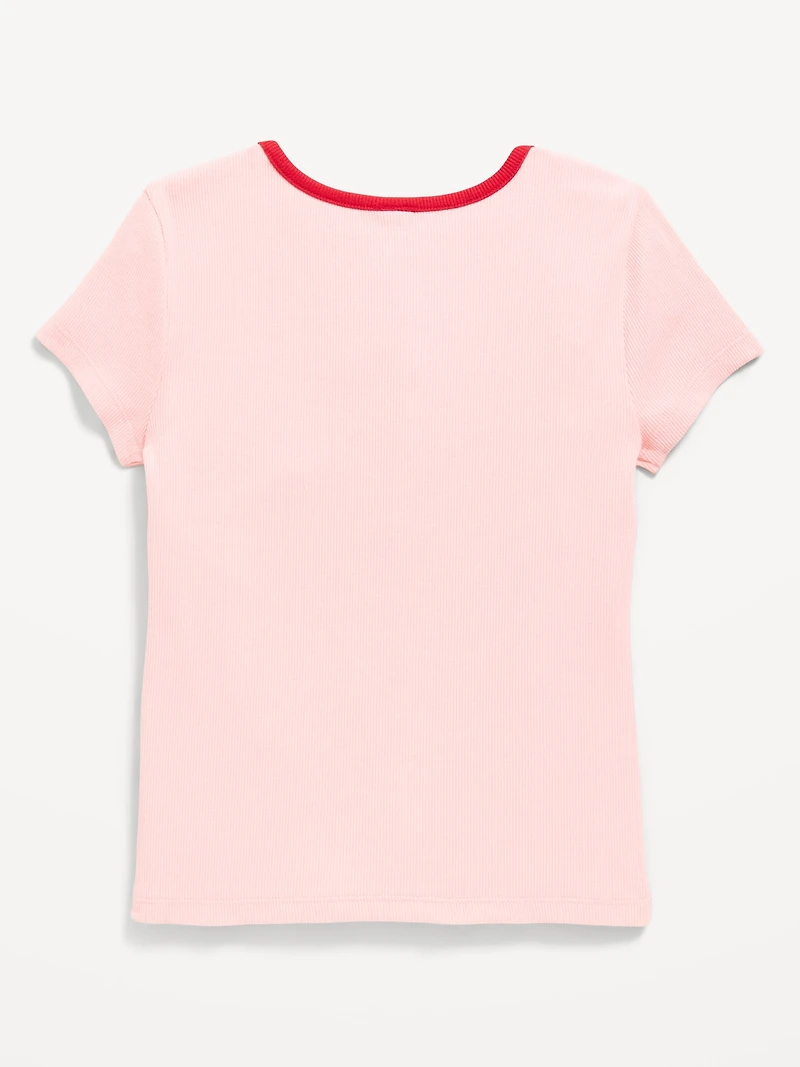 Fitted Short-Sleeve Ribbed Bow Top for Girls