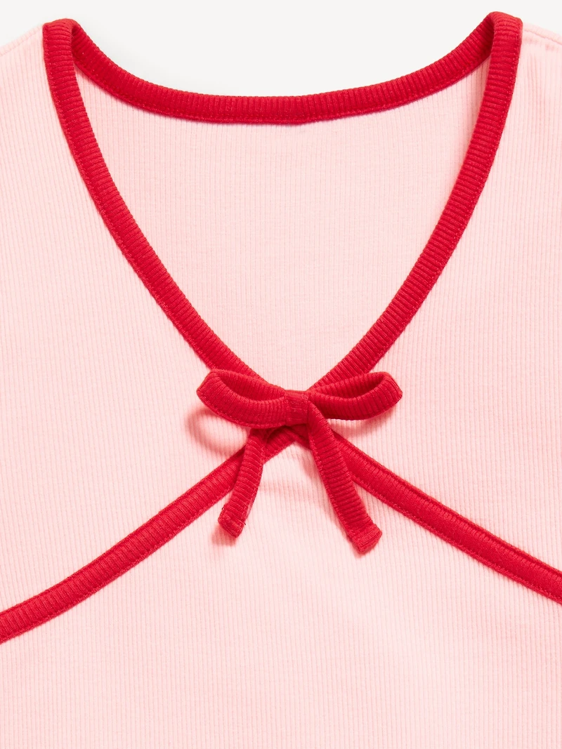 Fitted Short-Sleeve Ribbed Bow Top for Girls