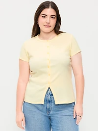 Short-Sleeve Ribbed Button-Down Top