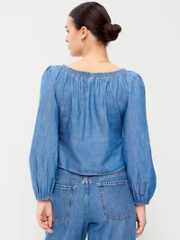 Long-Sleeve Button-Down Jean Top