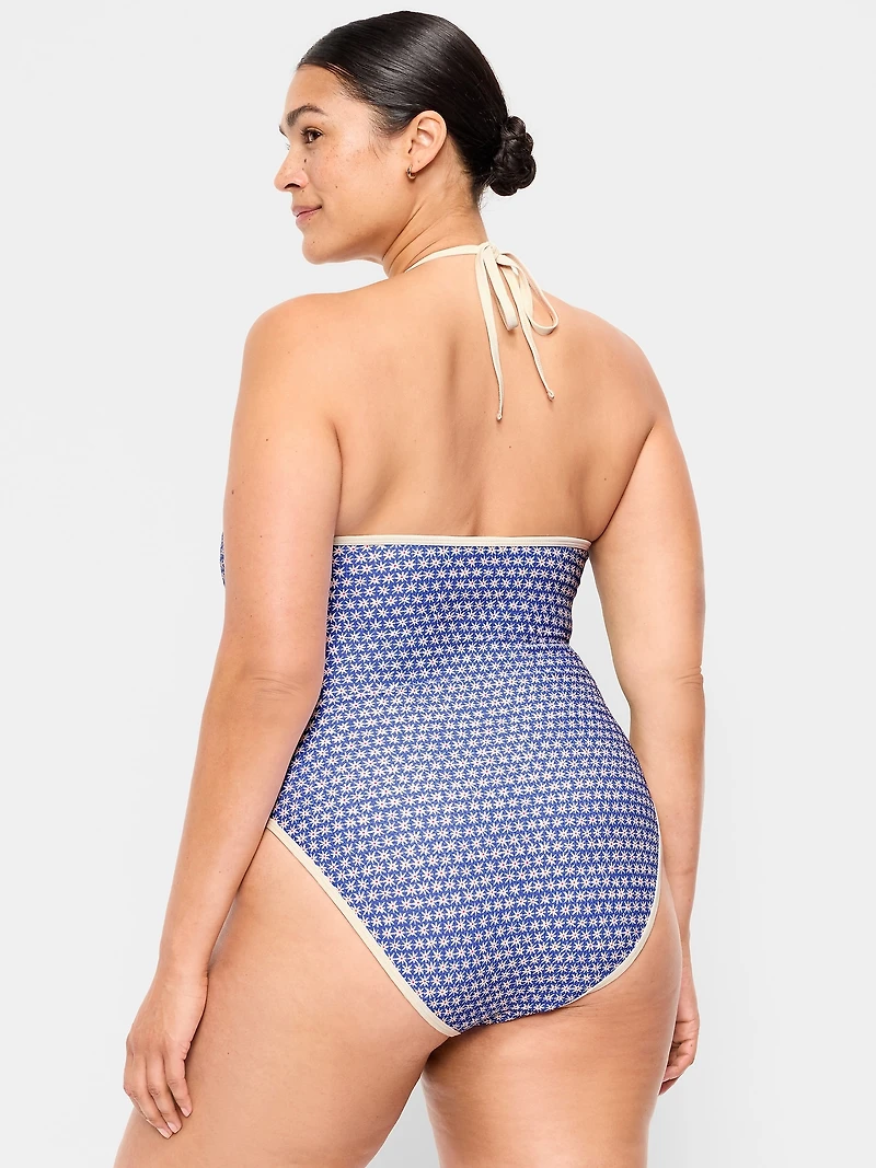 Pique V-Neck Halter Swimsuit