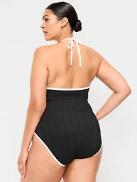 Ribbed V-Neck Halter One-Piece Swimsuit