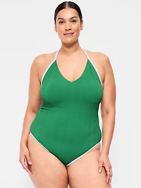 Ribbed V-Neck Halter One-Piece Swimsuit