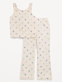 Printed Ribbed Pajama Tank Top and Flare Pants Set for Girls