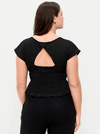 Linen-Blend Short-Sleeve Smocked Top