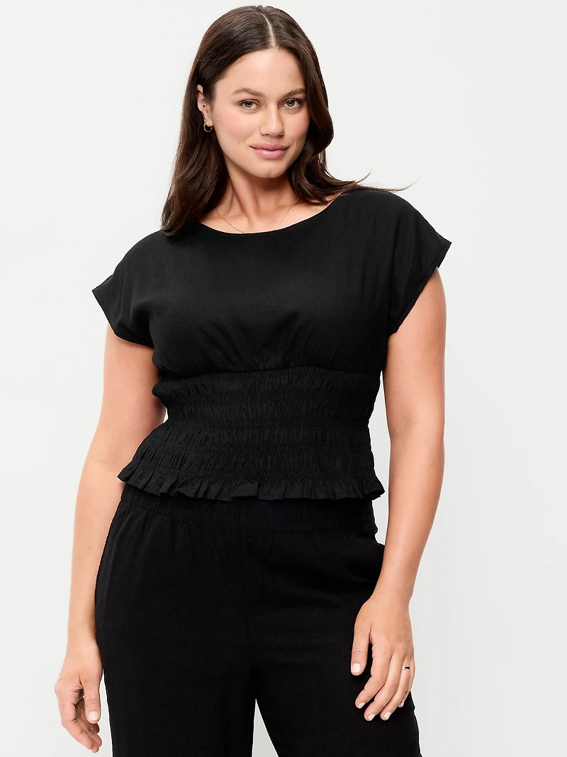 Linen-Blend Short-Sleeve Smocked Top