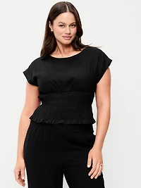 Linen-Blend Short-Sleeve Smocked Top