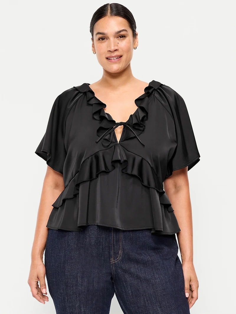 Satin Ruffle Tie-Front Top