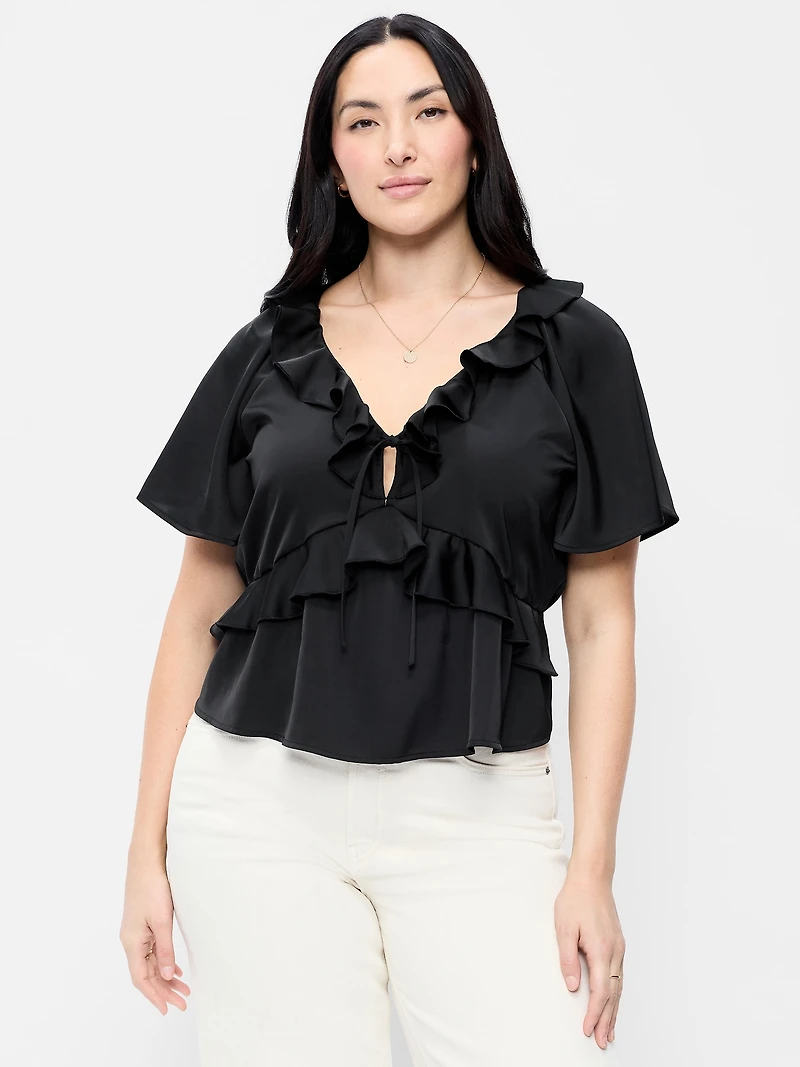 Satin Ruffle Tie-Front Top