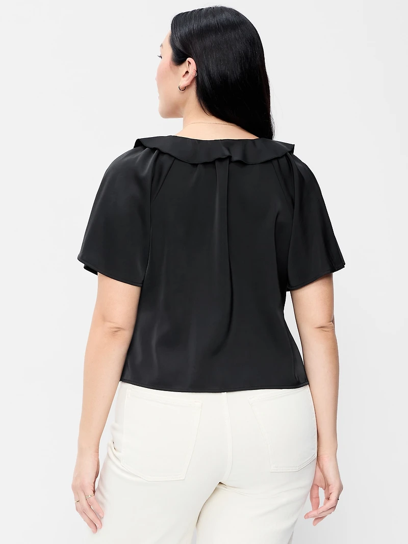 Satin Ruffle Tie-Front Top