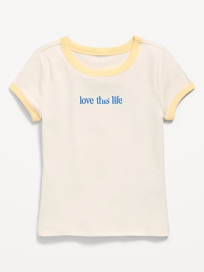 Fitted Short-Sleeve Ribbed Graphic Ringer T-Shirt for Girls