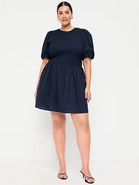 Smocked Puff-Sleeve Flare Mini Dress