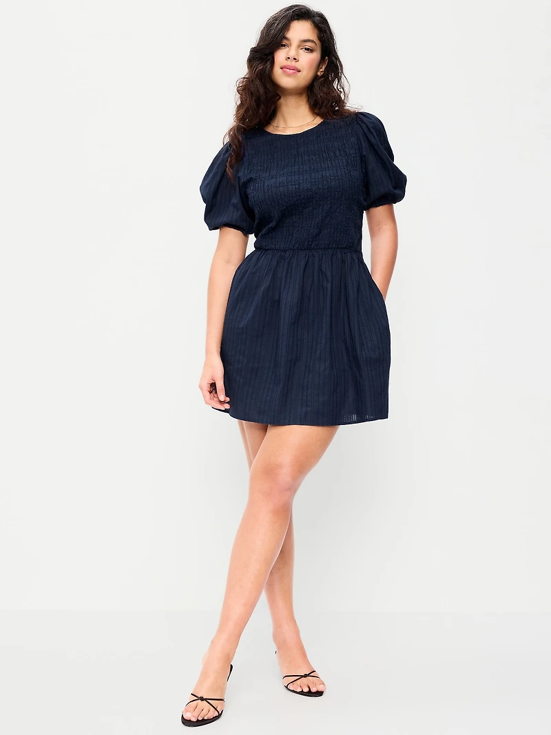 Smocked Puff-Sleeve Flare Mini Dress