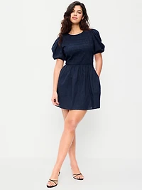 Smocked Puff-Sleeve Flare Mini Dress