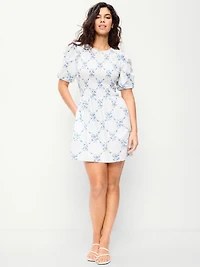 Puff-Sleeve Smocked Fit & Flare Mini Dress