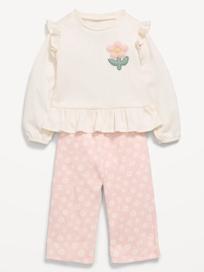 Long-Sleeve Ruffled Top and Wide-Leg Pants Set for Baby