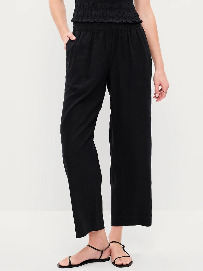 High-Waisted Linen-Blend Straight Ankle Pants