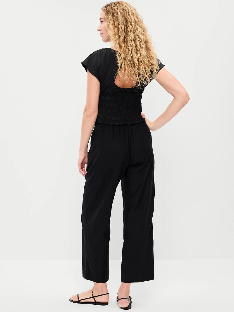 High-Waisted Linen-Blend Straight Ankle Pants