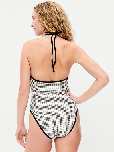 Pique V-Neck Halter Swimsuit