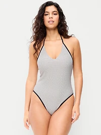 Pique V-Neck Halter Swimsuit