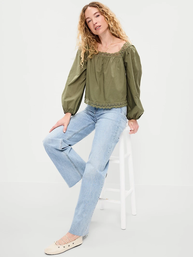 Long-Sleeve Lace Trim Top