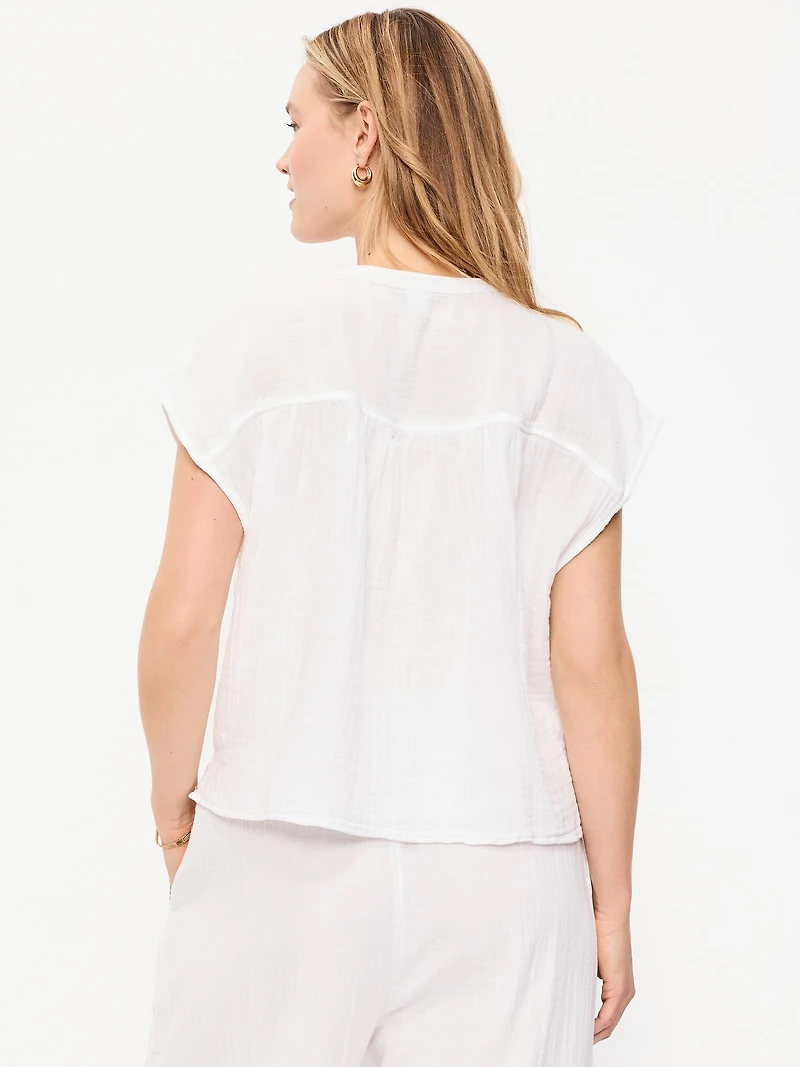 Short-Sleeve Crinkle Gauze Popover Top