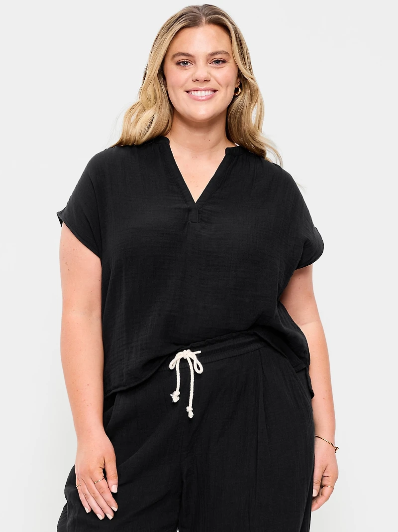 Short-Sleeve Crinkle Gauze Popover Top