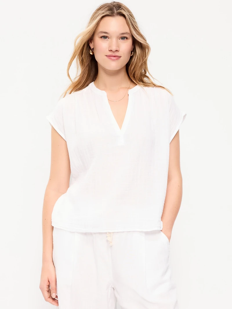 Short-Sleeve Crinkle Gauze Popover Top