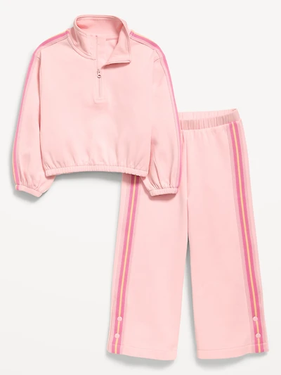 Dynamic Fleece Quarter-Zip and Wide-Leg Sweatpants Set for Toddler Girls