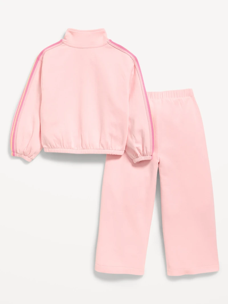 Dynamic Fleece Quarter-Zip and Wide-Leg Sweatpants Set for Toddler Girls