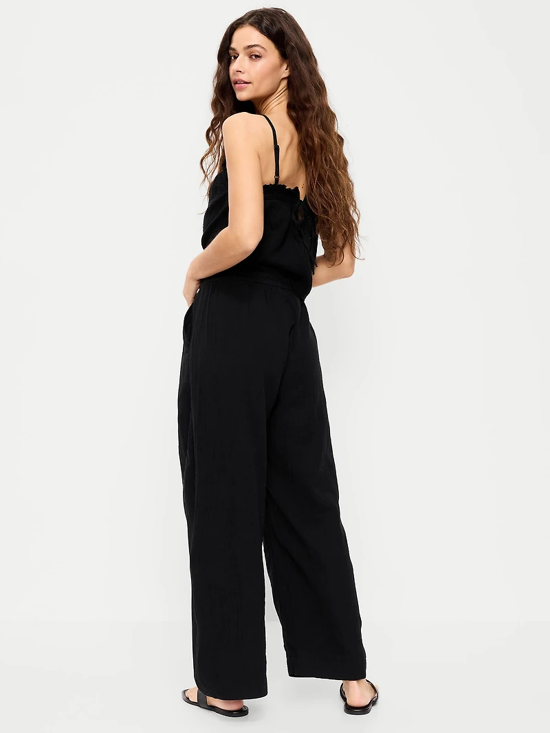 High-Waisted Crinkle Gauze Wide-Leg Barrel Pants