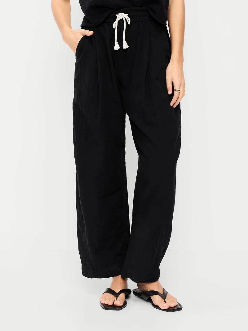 High-Waisted Crinkle Gauze Wide-Leg Barrel Pants