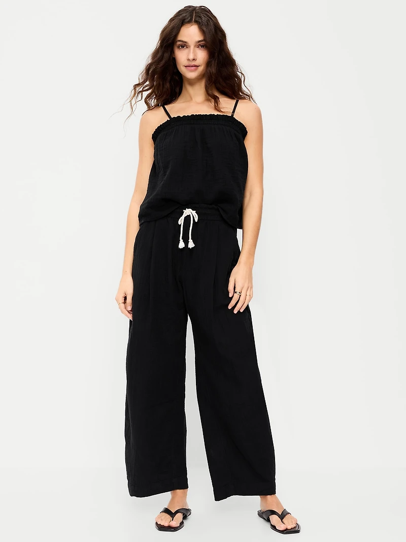 High-Waisted Crinkle Gauze Wide-Leg Barrel Pants