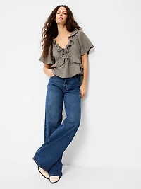 Satin Ruffle Tie-Front Top