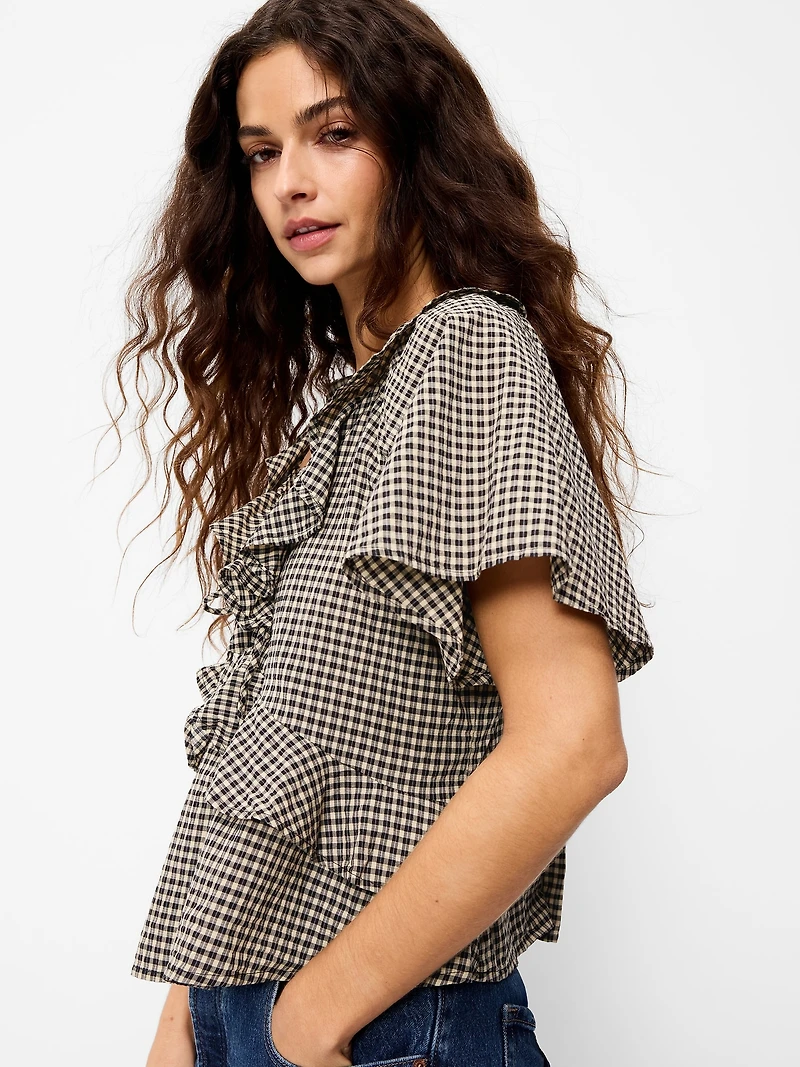 Satin Ruffle Tie-Front Top