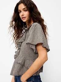 Satin Ruffle Tie-Front Top