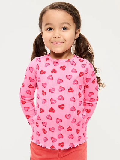 Printed Long-Sleeve Lettuce-Edge T-Shirt for Toddler Girls
