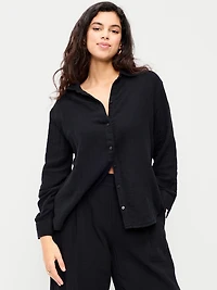 Open-Back Crinkle Gauze Button-Down Shirt