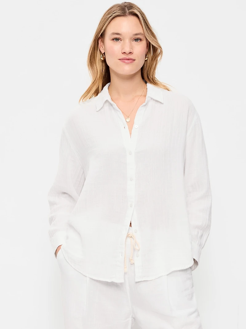 Open-Back Crinkle Gauze Button-Down Shirt