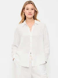 Open-Back Crinkle Gauze Button-Down Shirt