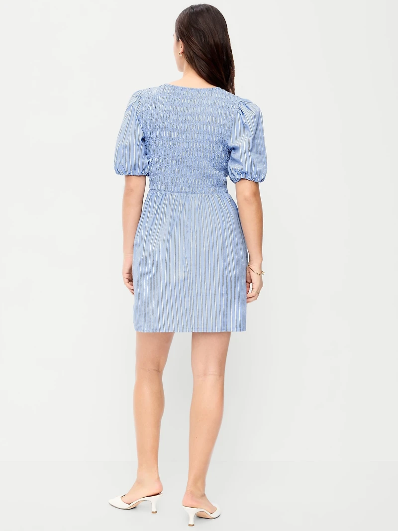 Smocked Puff-Sleeve Flare Mini Dress