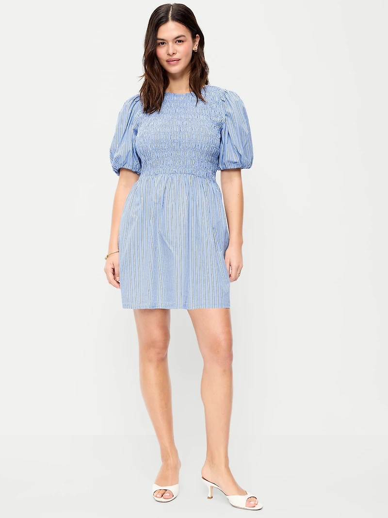 Smocked Puff-Sleeve Flare Mini Dress