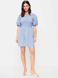 Smocked Puff-Sleeve Flare Mini Dress