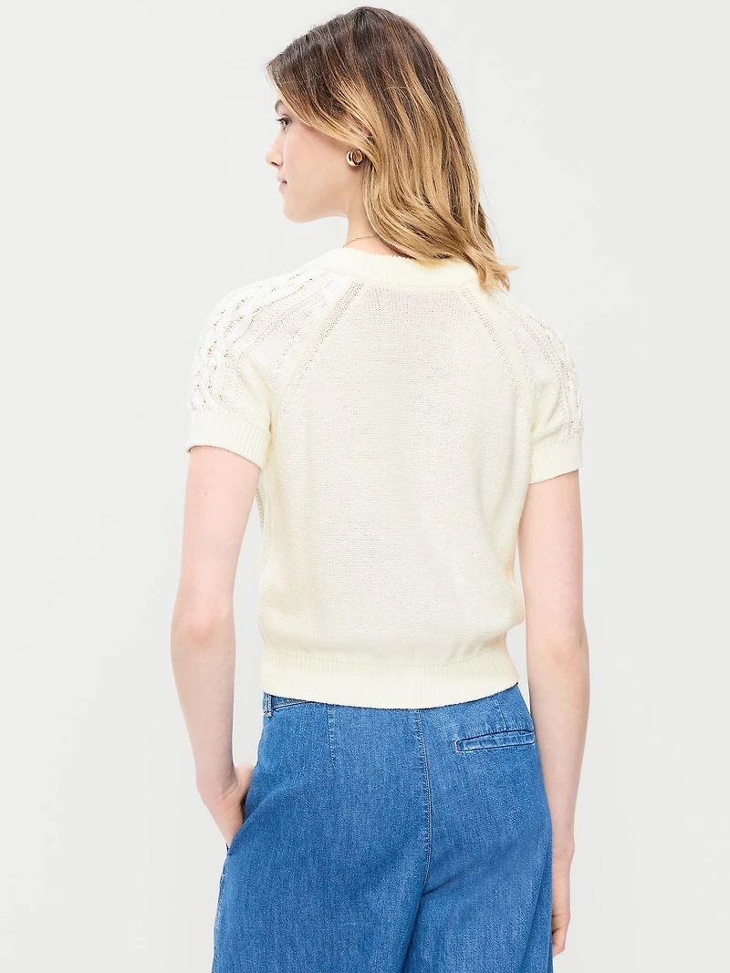 Seaside Cotton Short-Sleeve Cable-Knit Cropped Sweater