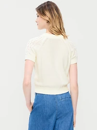 Seaside Cotton Short-Sleeve Cable-Knit Cropped Sweater