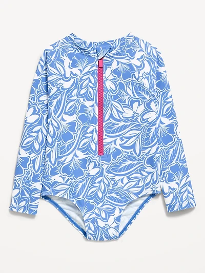 Printed Zip-Front Rashguard One-Piece Swimsuit for Toddler Girls